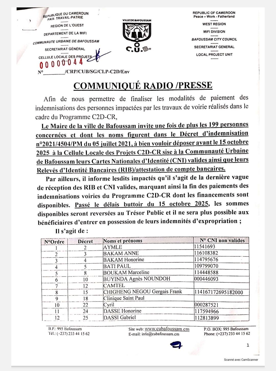 Appel à retrait d’indemnisations dans le cadre des travaux de voirie à Bafoussam : date limite fixée au 15 octobre 2025