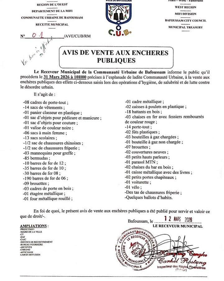 Vente aux enchères publiques d’objets saisis – Communauté Urbaine de Bafoussam