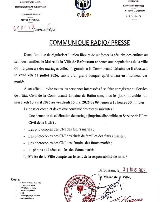 𝕄𝕒𝕣𝕚𝕒𝕘𝕖𝕤 𝕔𝕠𝕝𝕝𝕖𝕔𝕥𝕚𝕗𝕤 𝕘𝕣𝕒𝕥𝕦𝕚𝕥𝕤 à 𝕝𝕒 ℂ𝕠𝕞𝕞𝕦𝕟𝕒𝕦𝕥é 𝕌𝕣𝕓𝕒𝕚𝕟𝕖 𝕕𝕖 𝔹𝕒𝕗𝕠𝕦𝕤𝕤𝕒𝕞